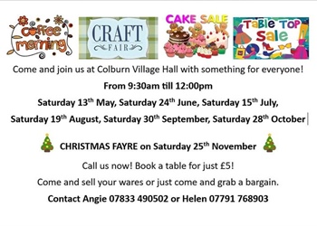 Craft fayre in Colburn village hall, Saturday 13th May 9:30 am till 12:00 pm